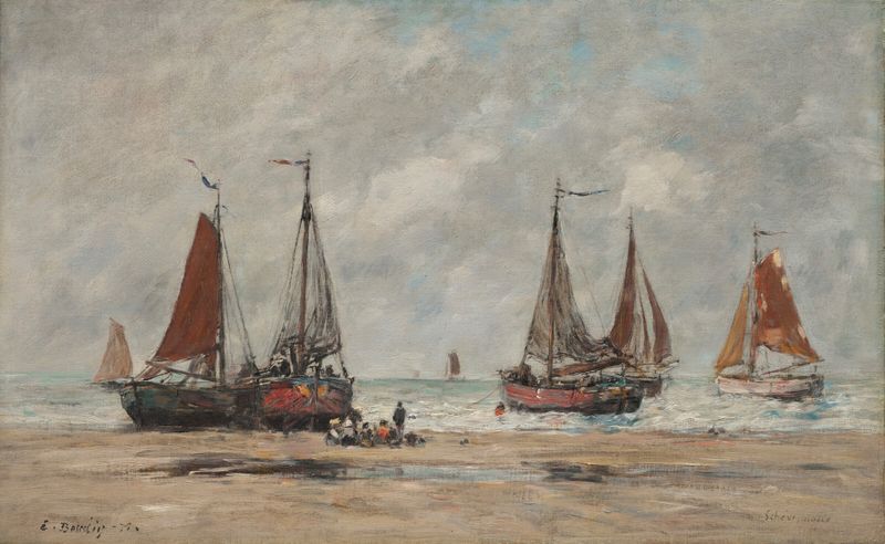 Bateaux de pêche à Schéveningue de Eugène Boudin, óleo sobre lienzo que muestra barcos de pesca en el mar.
