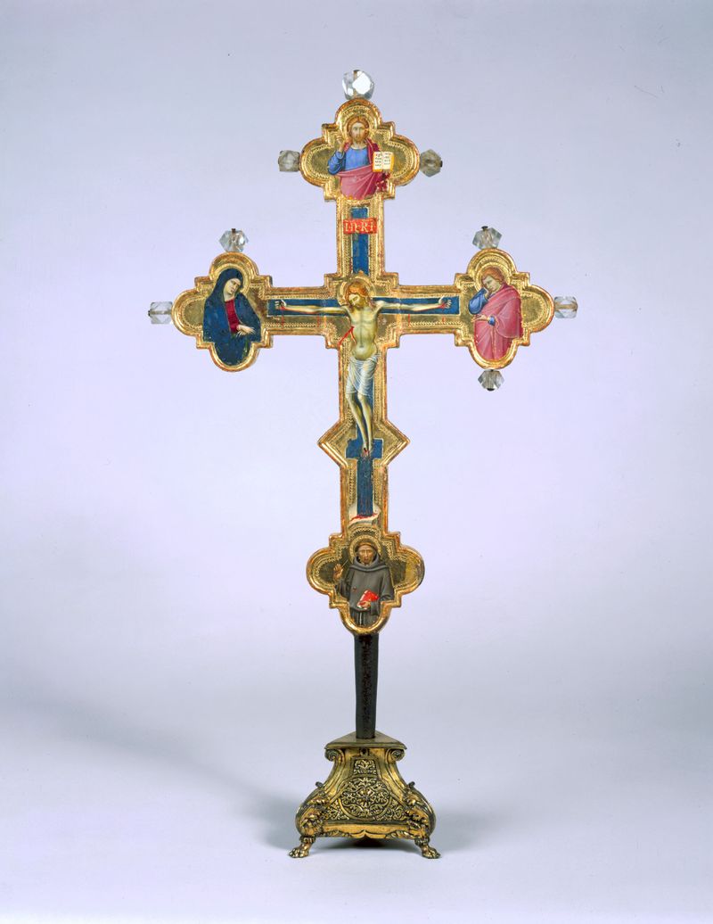 Portable Cross de Luca di Tommè, meio prata, retratando Cristo crucificado com santos