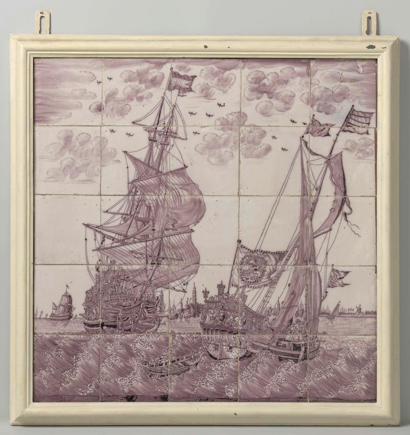 Tabla de cerámica que representa un barco con velas de Unknown Artist