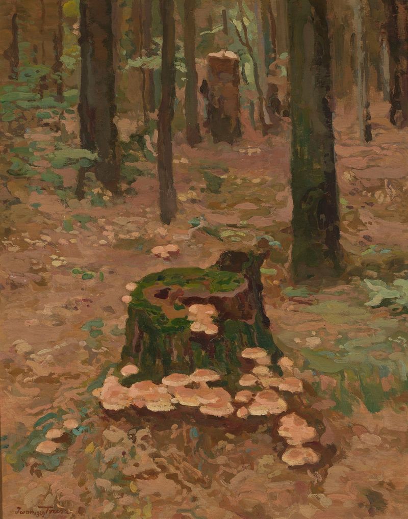 Forest fragment, series ‘Trunks’ by Iwan Trusz, oil on canvas depicting trunks and nature