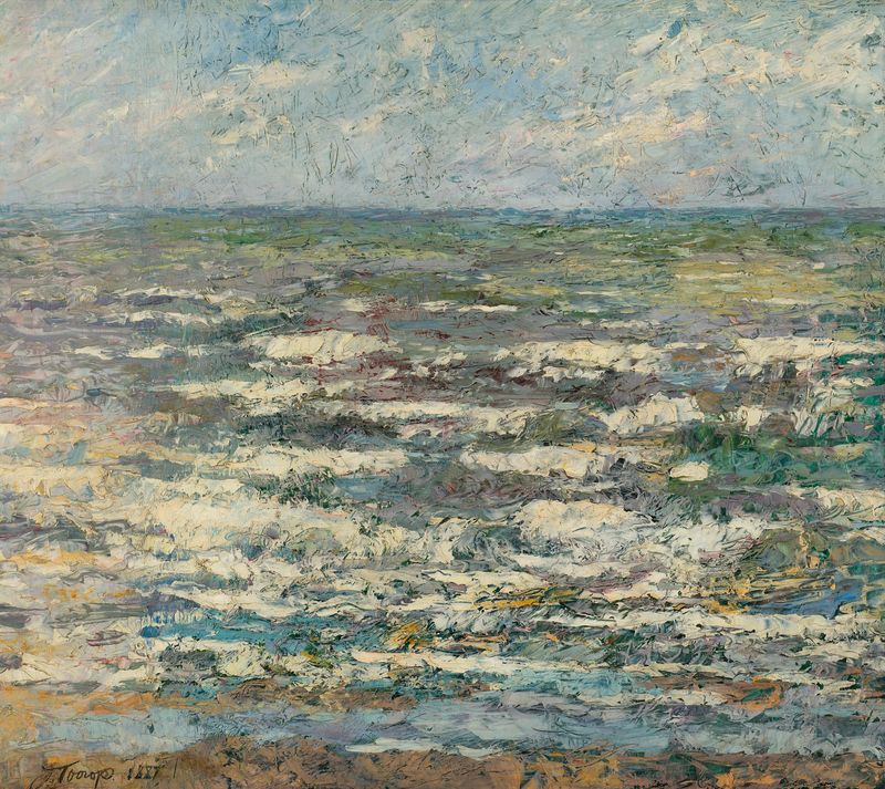 Oil painting by Jan Toorop depicting waves and colorful sea with clouds