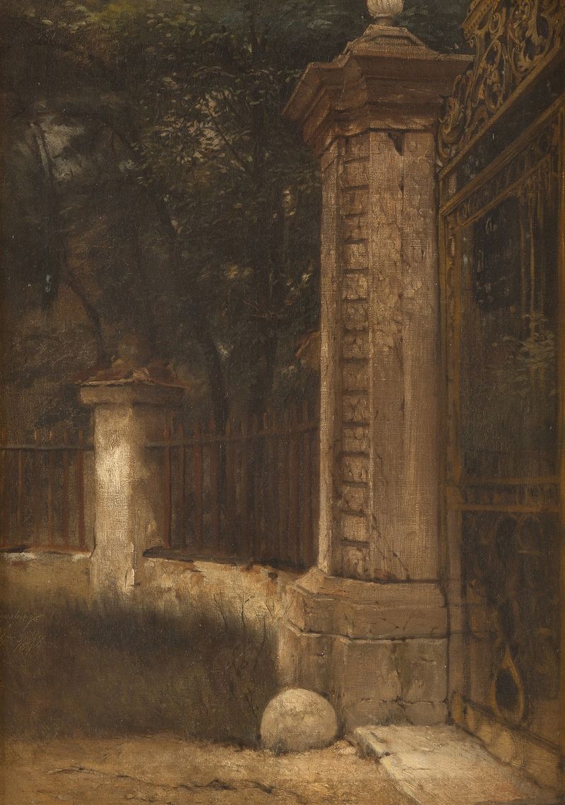 Paisaje con un arco y un camino iluminado por el sol de Ludwig Von Hagn, pintura al óleo