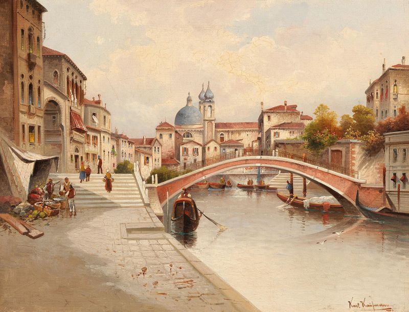 Venetian Motif II de Karl Kaufmann, óleo sobre lienzo que representa remolinos vibrantes de azul y dorado.
