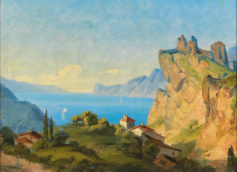 View of Nago on Lake Garda by Edmund Von Wörndle, oil painting depicting a serene landscape.