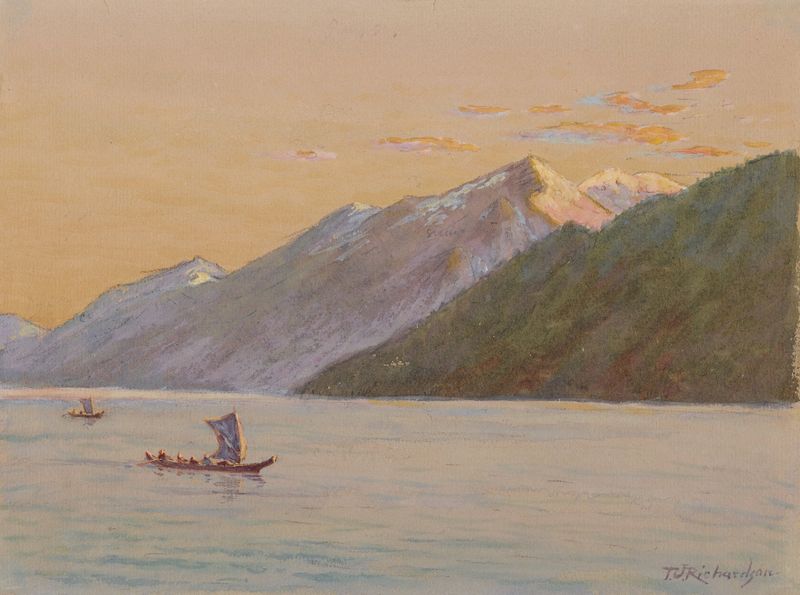 Near the Fiord, oil on canvas by Theodore J. Richardson, depicting mountains and morning light.