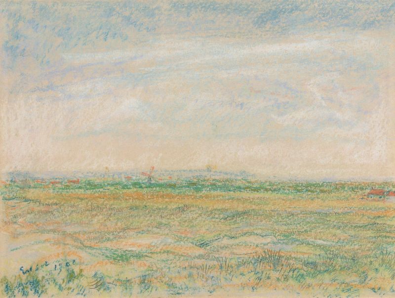 Gezicht op Mariakerke de James Ensor, óleo sobre tela, casas coloridas sob a luz do sol
