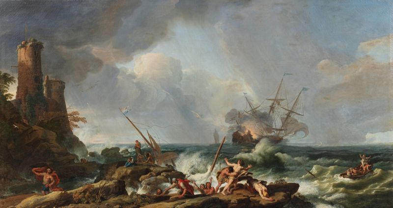 A storm on a rocky coast, oil painting by Adrien Manglard, featuring crashing waves and dark rocks.