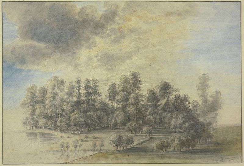 Pintura al óleo de Lucas van Uden con una casa, árboles y ganado cerca del agua