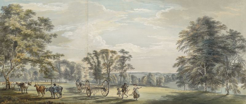 Dawn in Luton Park de Paul Sandby, representando un paisaje con árboles y suave luz de la mañana.