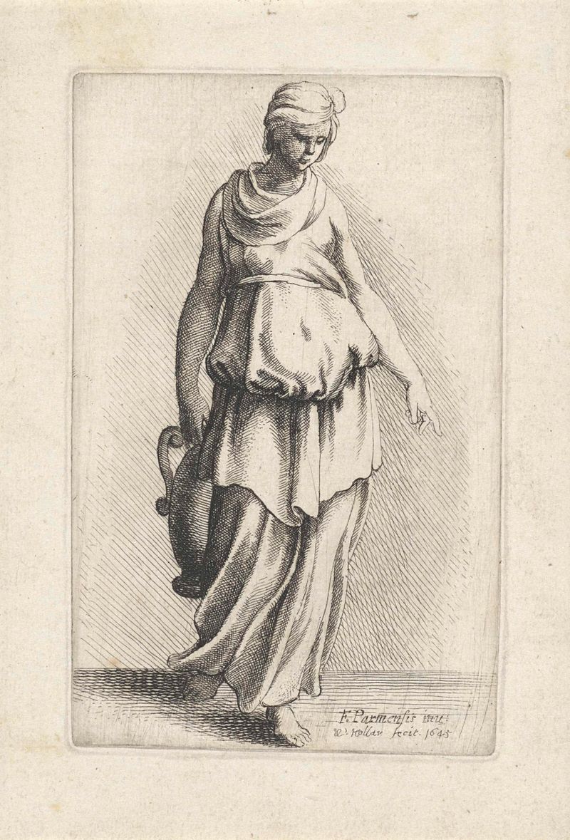 Gravura de Wenceslaus Hollar de uma mulher em roupas clássicas segurando um vaso