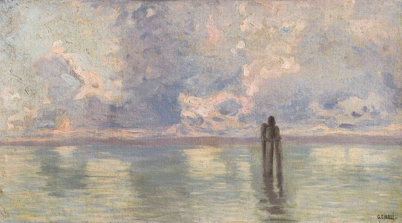 Oil on canvas by Guglielmo Ciardi depicting a Venetian lagoon at sunset