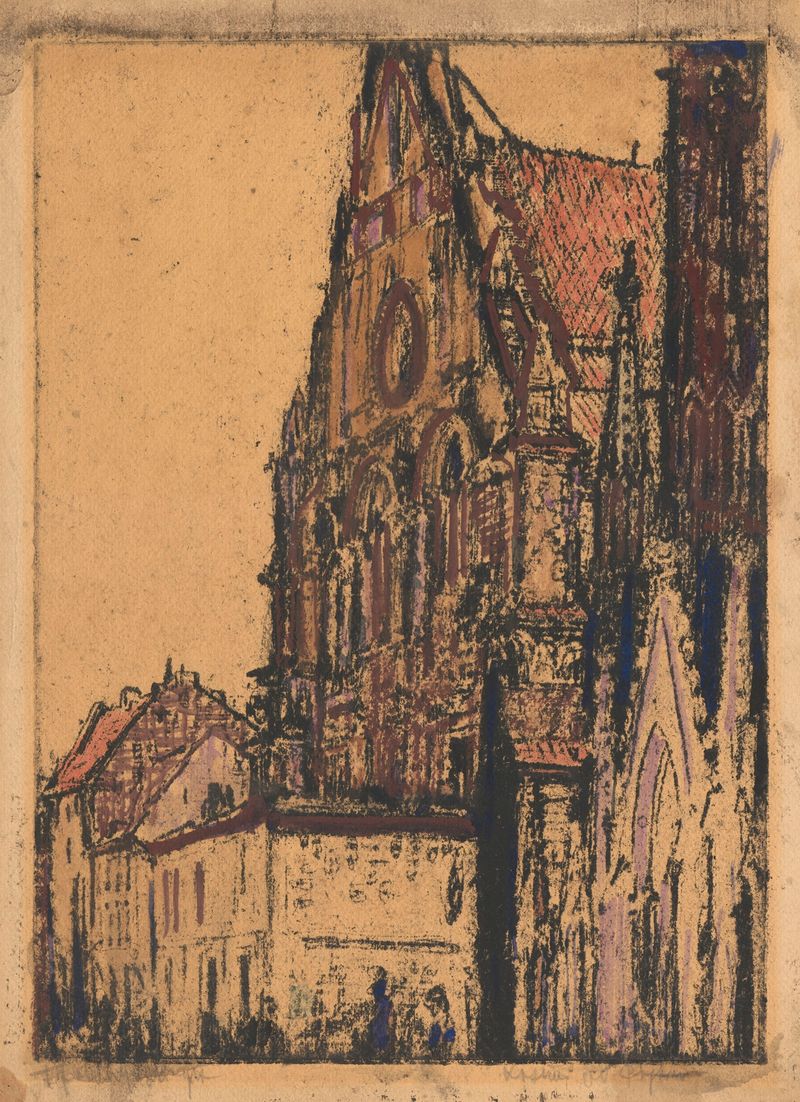 The Piarist Church in Warsaw by Feliks Jabłczyński, oil painting depicting church facade against cloudy sky