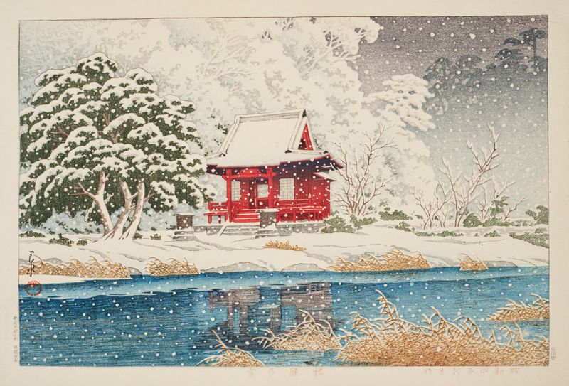 A neve cobre o Santuário Benten de Inokashira, xilogravura de Kawase Hasui
