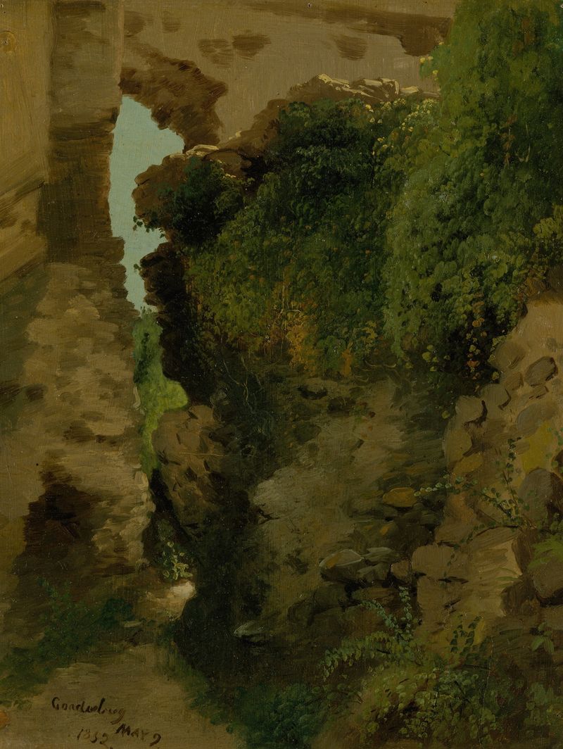 Landscape by James McDougal Hart, depicting clouds and trees in soft pastels, oil painting