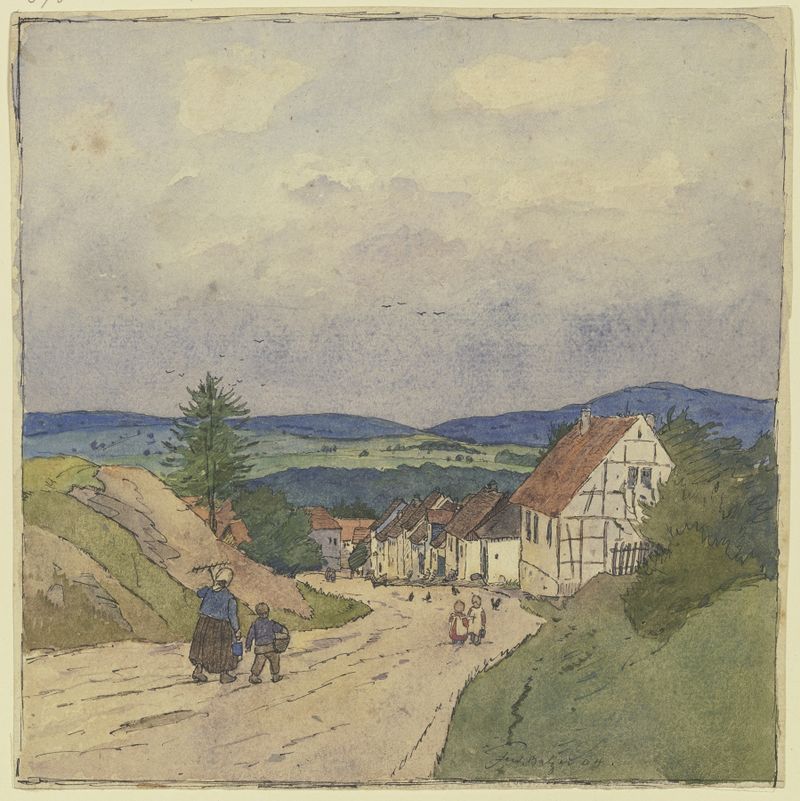 Village path to the valley, oil on canvas by Ferdinand Balzer, featuring a winding path through lush greenery.