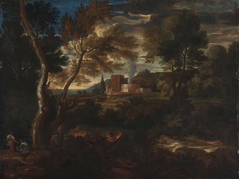Classical Landscape, óleo sobre tela de um artista não identificado, apresentando um rio e colinas sob um céu claro