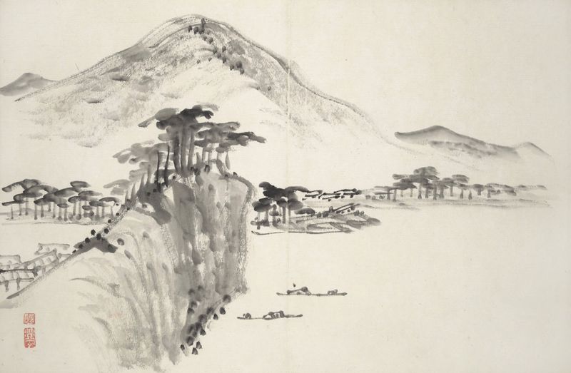 Abstract ink painting by Hine Taizan, 1850, featuring swirling patterns and dark hues.
