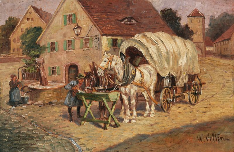 Landscape with a village well and sunlight, oil painting by Wilhelm Velten
