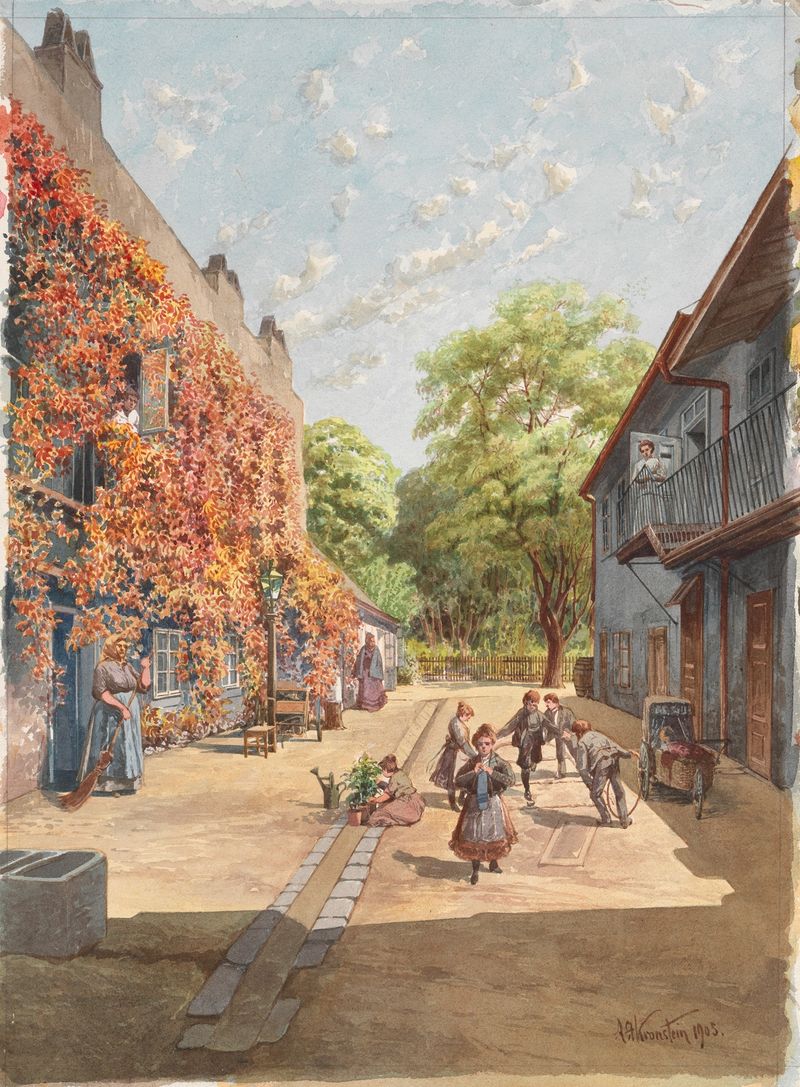 Hof des Hauses Piaristengasse Nr. 56 de August Stefan Kronstein, óleo sobre tela com um arco e paralelepípedos