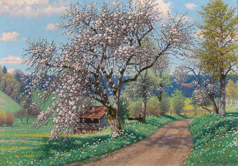 A Spring Day by Fritz Müller-Landeck, impressionism, depicting a vibrant spring landscape with flowers and greenery.