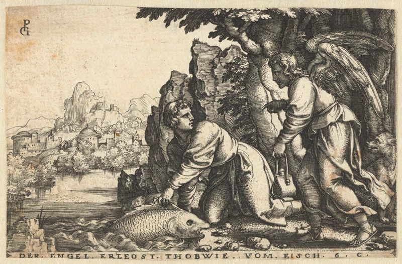 Grabado de Georg Pencz que representa a Tobías atrapando un gran pez con un ángel.