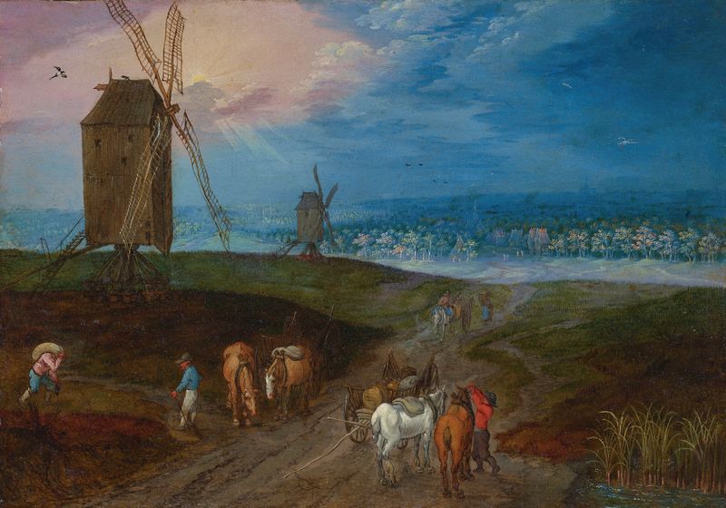 An extensive landscape with travelers and a windmill, oil painting by Jan Brueghel the Younger