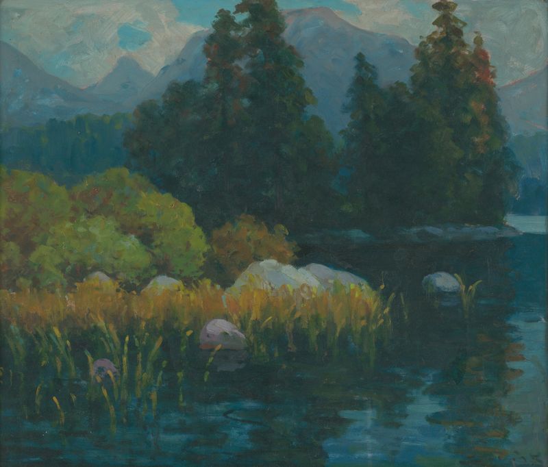 Paisaje de Ľudovít Čordák, pintura al óleo que representa una colina distante bajo una luz suave.