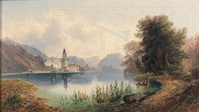 Blick auf Sankt Wolfgang by Emil Barbarini, oil painting depicting a tranquil lake and mountains.