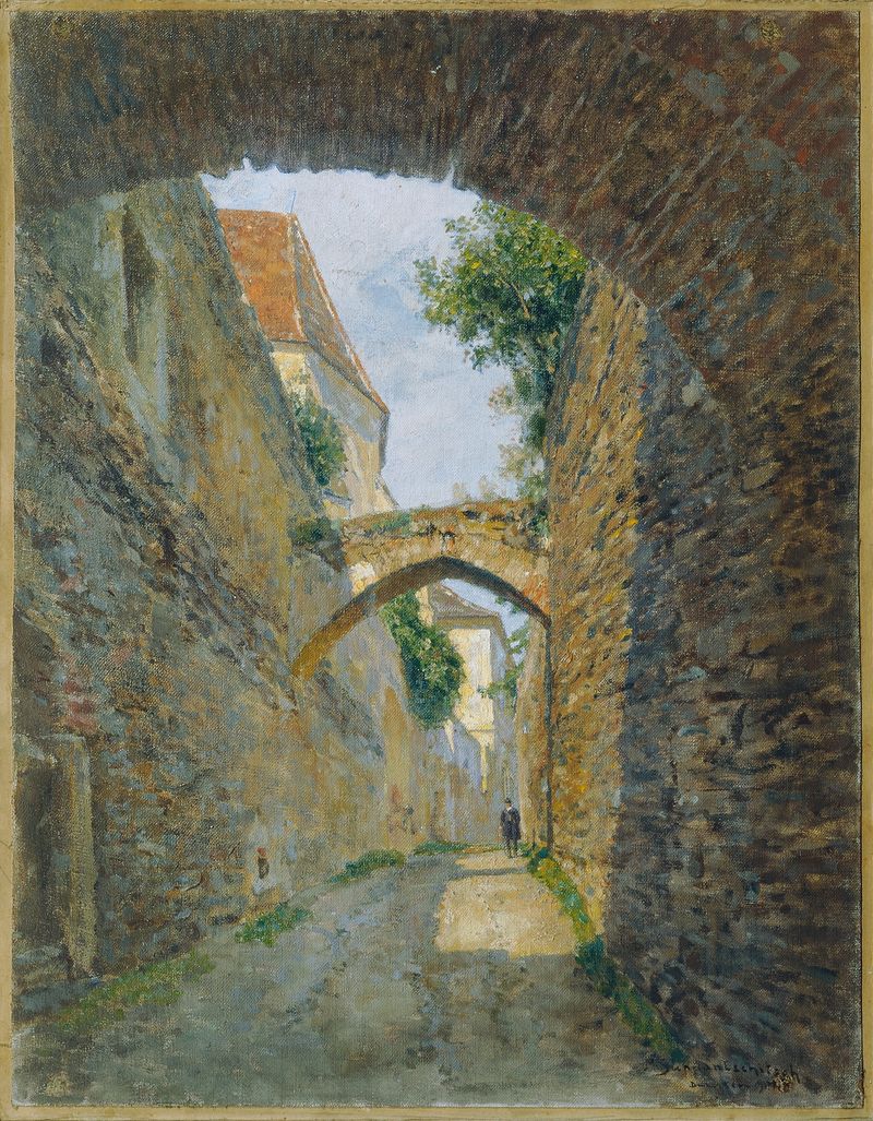 Interior scene featuring an alleyway with cobblestones and warm golden light by Maximilian Suppantschitsch