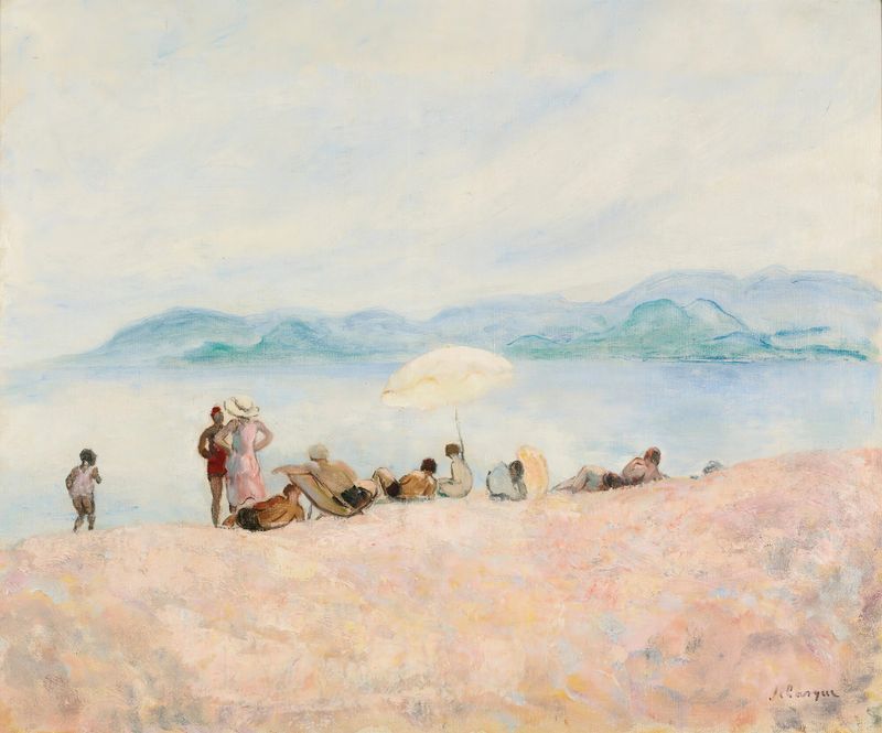 Óleo sobre lienzo de Henri Lebasque que muestra figuras en la playa bajo la luz del sol.