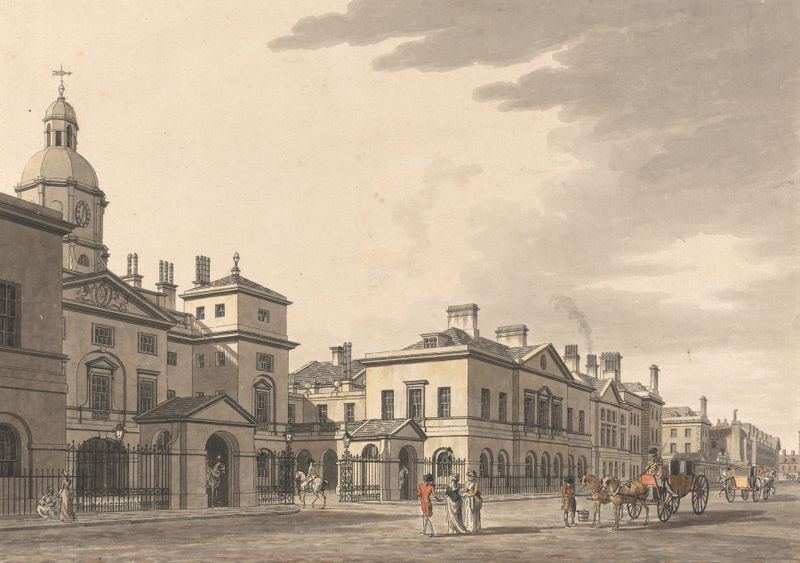 Historical scene of horse guards in uniform, by Thomas Malton the Younger, medium unknown