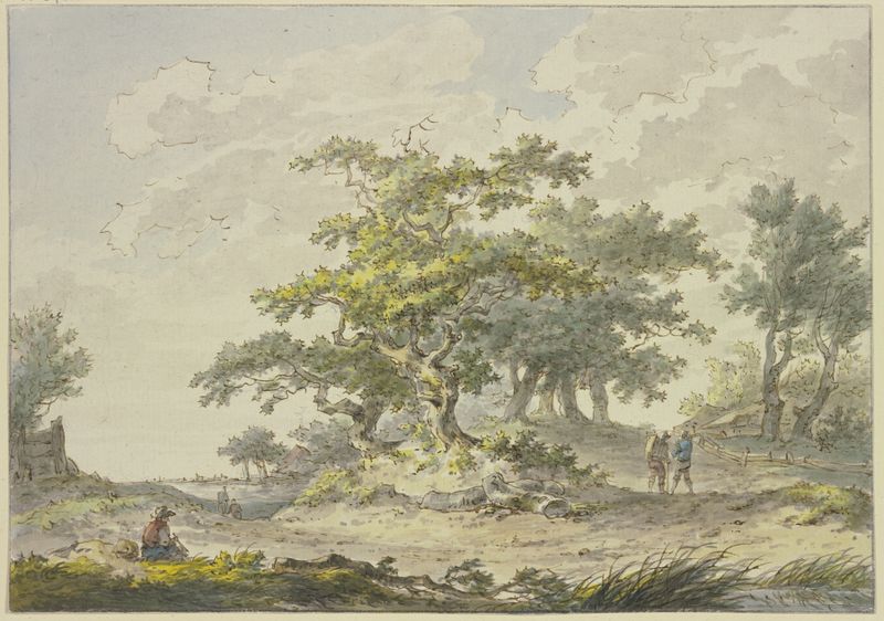 Oil painting by Hermanus van Brussel depicting oak trees with wanderers and a seated figure.