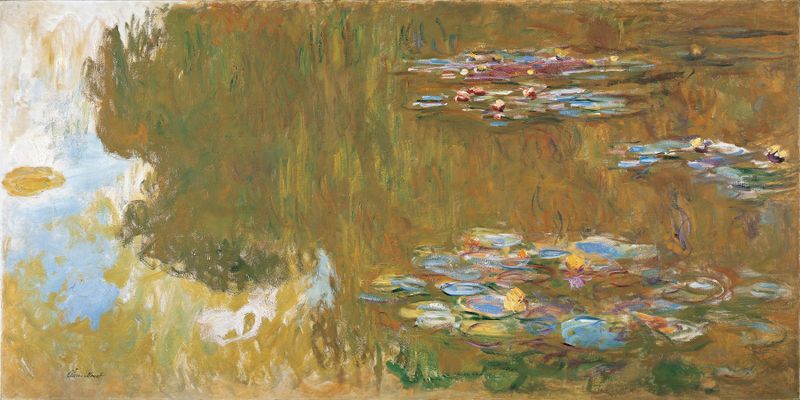 The Water Lily Pond, oil painting by Claude Monet featuring water lilies and reflections on the pond.