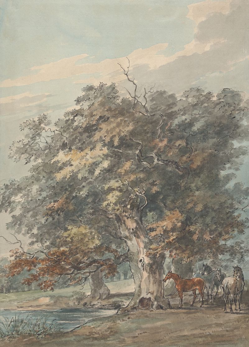 Four horses under trees by water, oil on canvas by Sawrey Gilpin