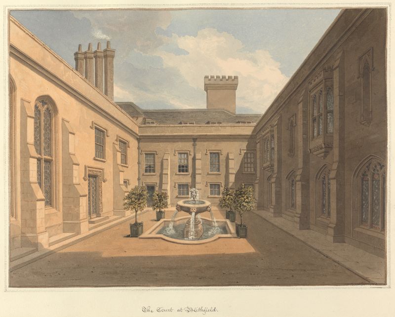 The Court at Blithfield de John Buckler, aquarela sobre papel, retrata uma paisagem serena com figuras distantes.