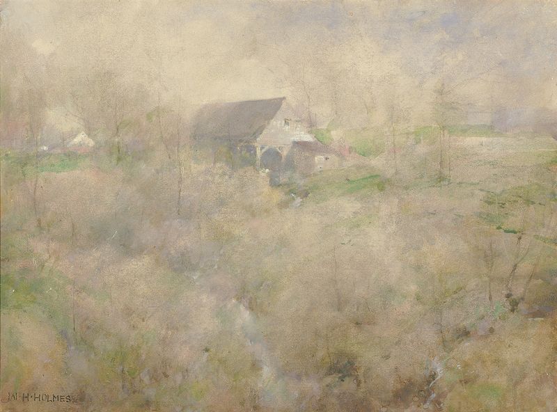 Pintura al óleo de William Henry Holmes que presenta un molino y un árbol retorcido en luz dorada.