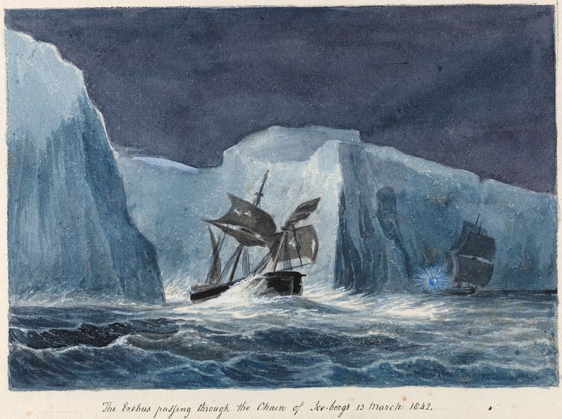 The Erebus Passing Through the Chain of Icebergs, óleo sobre lienzo de Charles Hamilton Smith, representando icebergs y un...