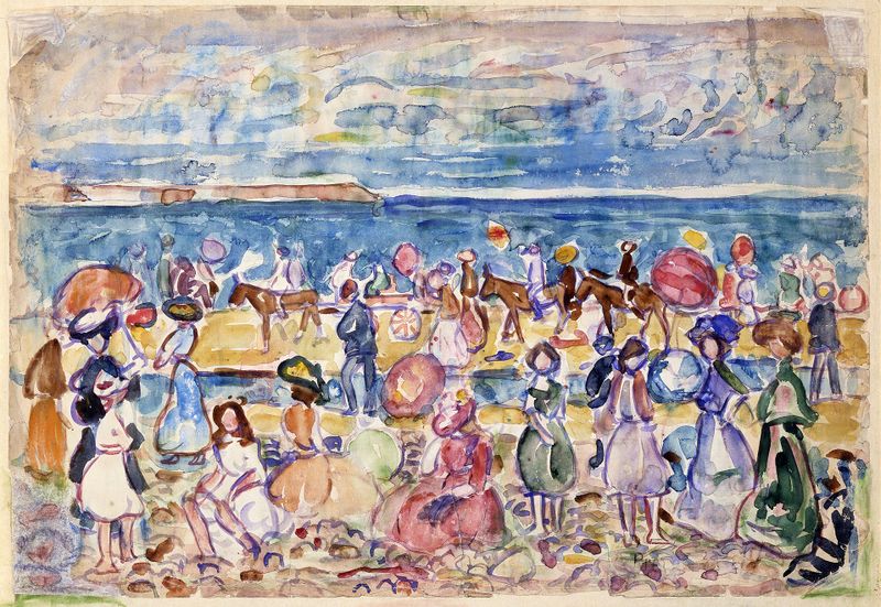 Genre scene with figures enjoying leisure under a bright sky, watercolor by Maurice Prendergast.