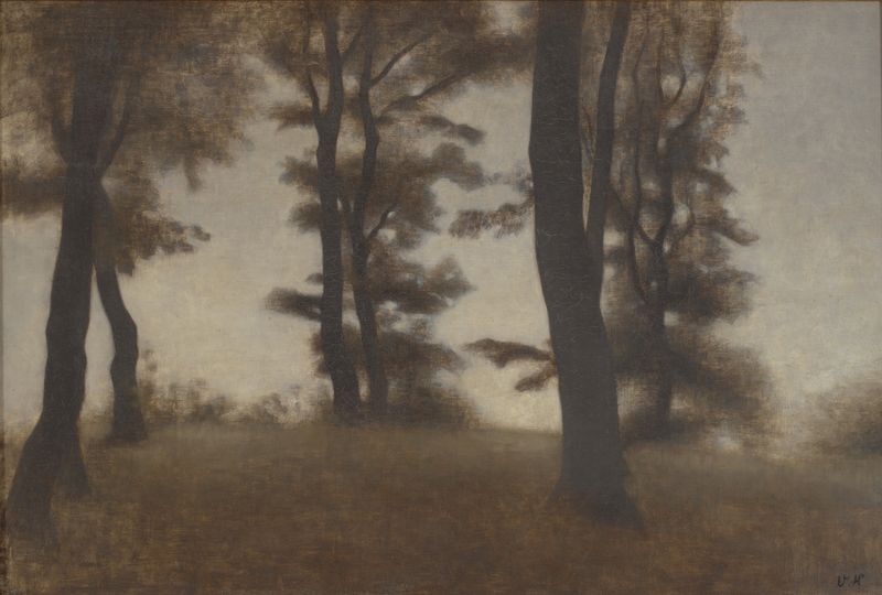 Tree Trunks, oil on canvas by Vilhelm Hammershøi, featuring tall trees in a tranquil forest setting