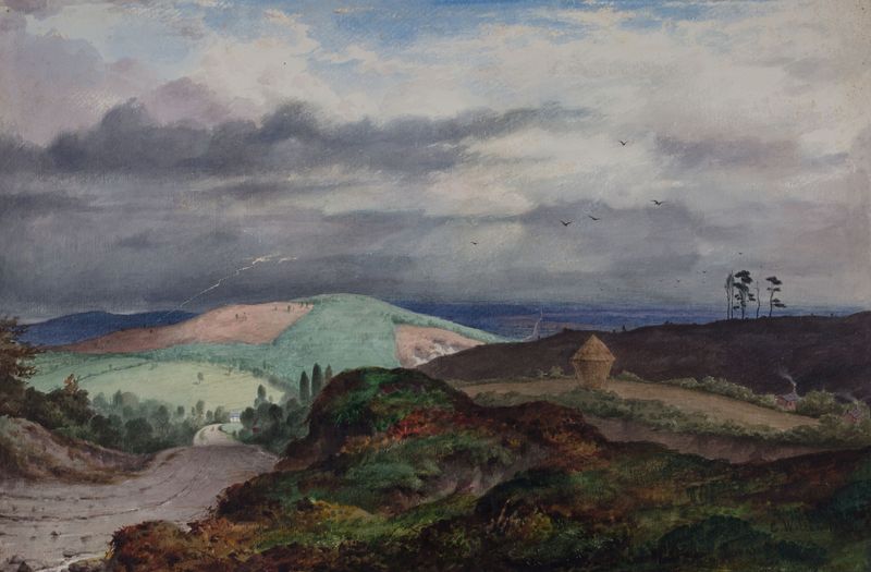 Pintura al óleo de Elijah Walton que representa un paisaje tormentoso con nubes oscuras y luz.