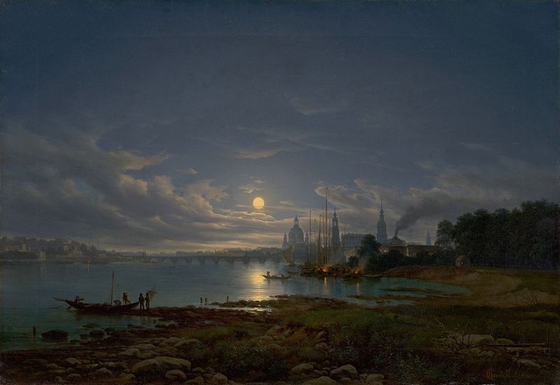 Moonlight illuminating Dresden skyline in oil painting by Johann Anton Castell