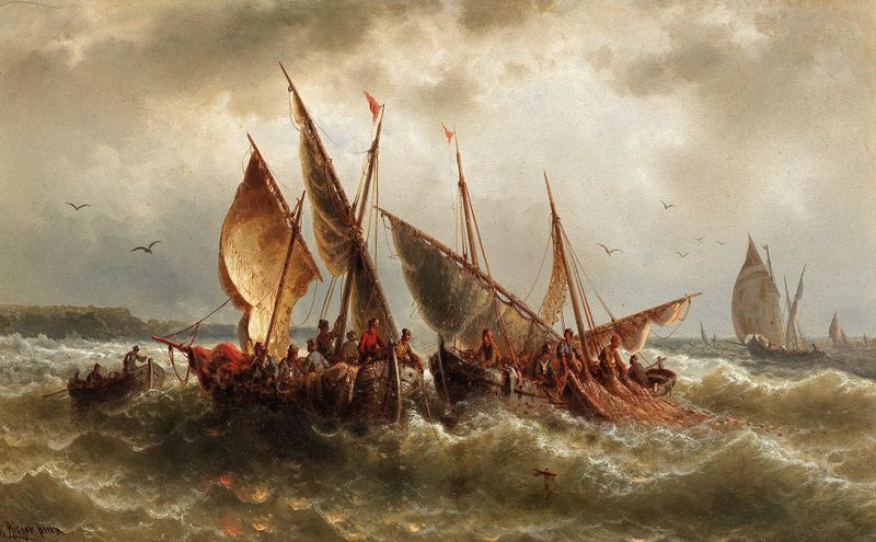 Fishermen at Work de Albert Rieger, realismo, representando pescadores en el agua