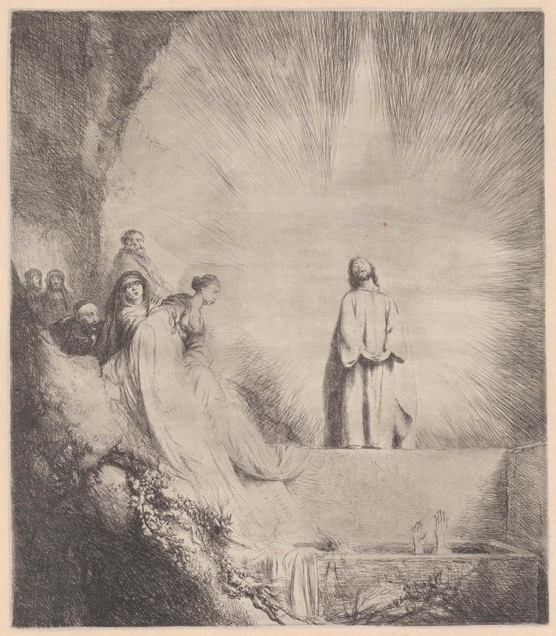 Etching by Jan Lievens showing Lazarus emerging from shadows, surrounded by figures in earth tones.