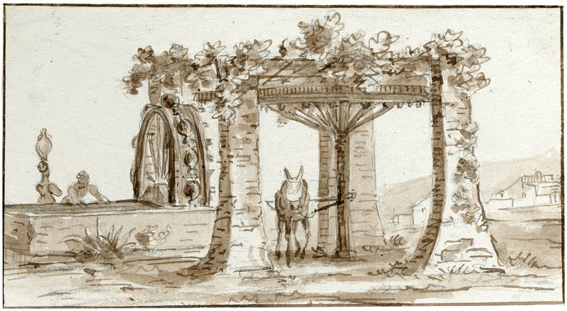 Genre scene depicting a water well with mechanisms, by Otto Howen