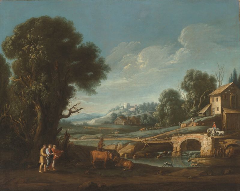 Un paisaje con Cristo en el camino a Emaús, óleo sobre lienzo de Follower Of Filippo Teodoro De Liagno