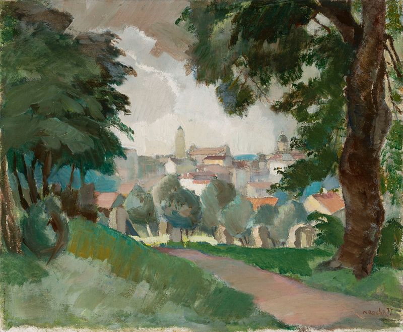 Oil on canvas by Michał Rouba depicting Vilnius landscape among trees