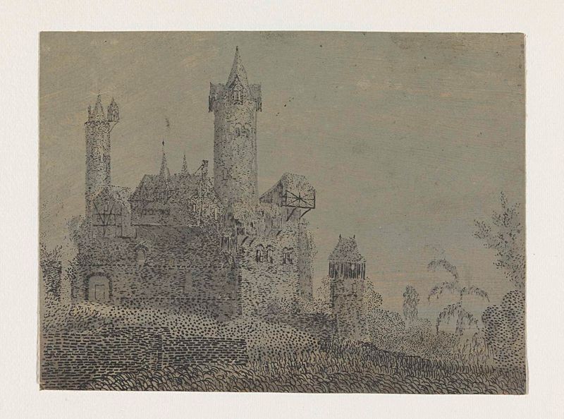 Castillo con Torres Altas, grabado de Hercules Segers, con torres altas y un cielo en espiral.