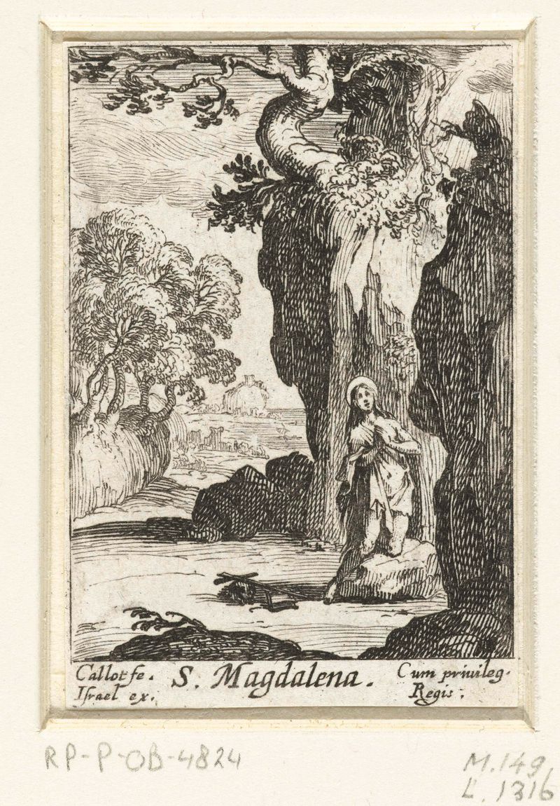 Grabado de Jacques Callot que representa una figura femenina en contemplación