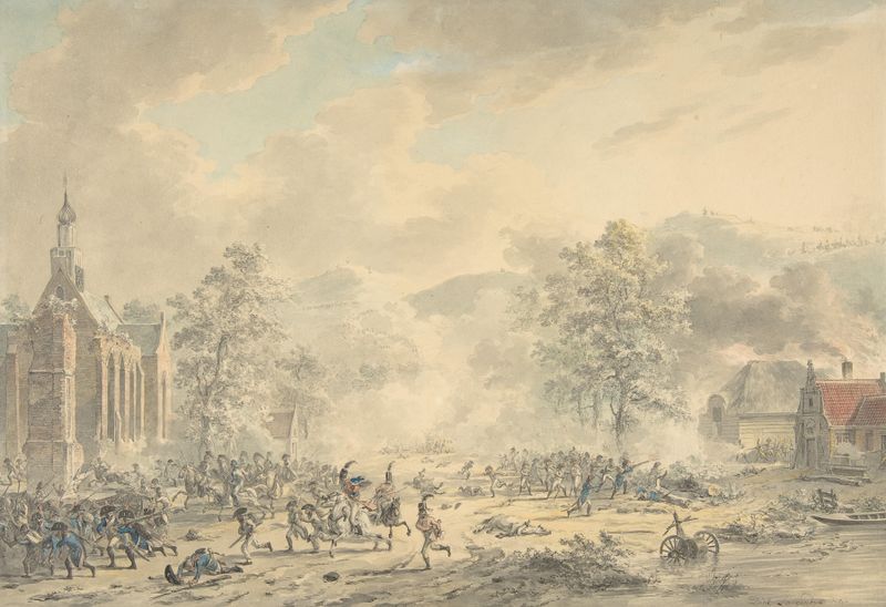 Battle scene with warriors and a church, oil painting by Dirk Langendijk