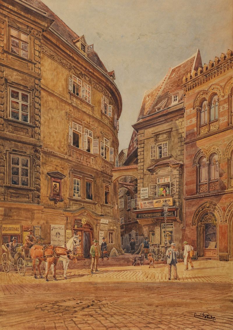 Architecture scene featuring Griechenbeisl und Griechenkirche by Erwin Pendl, Expressionism